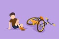 Cartoon flat style drawing of unhappy little boy fallen off bicycle. Bike accident. Kids fallen damaged bicycle broken transport Royalty Free Stock Photo