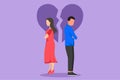 Cartoon flat style drawing unhappy young couple standing arms crossed. Family conflict. Break up relationship. Married man and