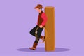 Cartoon flat style drawing western relaxing man with cowboy hat and lasso leaning on wooden fence. Stylized American cowboy