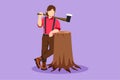 Cartoon flat style drawing woman lumberjack lean on wood log. Wearing shirt, jeans and boots. Holding on her shoulder a ax. Female