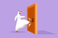 Cartoon flat style drawing young Arab businessman kicks door closed with his leg. Aggressive business approach. Business struggles