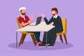 Cartoon flat style drawing young Arab male interviewing famous person in studio for tv show. Television or internet broadcast with