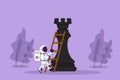 Cartoon flat style drawing young astronaut climb huge rook chess piece with ladder in moon surface. Strategic or smart move