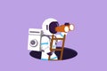 Cartoon flat style drawing young astronaut climbs out of hole by ladder and using binocular in moon surface. Looking for