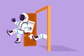 Cartoon flat style drawing young astronaut get kicked out of door in moon surface. Dismissed from job. Boss kicks unnecessary