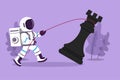 Cartoon flat style drawing young astronaut pulling big rook chess with rope in moon surface. Tactic and strategy to winning