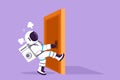 Cartoon flat style drawing of young astronaut pulling closed door knob with power in moon surface. Strength for success in