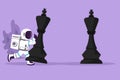 Cartoon flat style drawing of young astronaut pushes big king chess pieces to defeat opponent king in moon surface. Strategic
