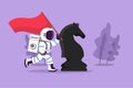 Cartoon flat style drawing young astronaut running and holding flag beside big horse knight chess in moon surface. Winning Royalty Free Stock Photo
