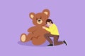 Cartoon flat style drawing young beautiful girl hugging big teddy bear. Happy smiling lady with her huge cute doll. Young female