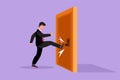 Cartoon flat style drawing of young businessman kicks door closed with his leg. Aggressive business approach. Business struggles