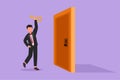 Cartoon flat style drawing of young businessman lifting key in front of door. Man holding key to open office room door. Starting Royalty Free Stock Photo