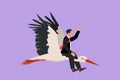 Cartoon flat style drawing of young businessman riding stork symbol of success. Business metaphor concept, looking at the goal,