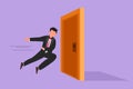 Cartoon flat style drawing young businessman running and want to break down the door. Business struggle metaphor. Strength worker