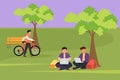 Cartoon flat style drawing young businessman using laptop and sitting on grass at park. Team freelancer working or studying Royalty Free Stock Photo