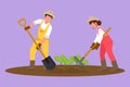 Cartoon flat style drawing young couple farmers shoveled the soil with plants using shovel and rake. Farming challenge at rural or