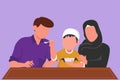 Cartoon flat style drawing of young family having breakfast together with cereal and milk in restaurant. Little boy feeds his Royalty Free Stock Photo