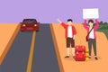 Cartoon flat style drawing of young happy couple with backpacks standing near road and hitchhiking. Man woman thumbing or hitching Royalty Free Stock Photo