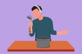 Cartoon flat style drawing young husband begin prepare family dinner while singing like rock star with kitchenware and overjoyed