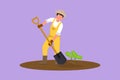 Cartoon flat style drawing young male farmer shoveled the soil with the plants using shovel. Farming challenge at rural or