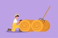 Cartoon flat style drawing young male farmer was stabbing a haystack and rolling it up with a straw stick. Livestock worker