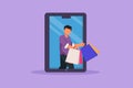 Cartoon flat style drawing young man coming out of large smartphone screen with holding shopping bags. Sale, digital lifestyle,