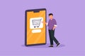 Cartoon flat style drawing young man standing and buying online via giant smartphone screen with shopping cart inside. Sale, Royalty Free Stock Photo