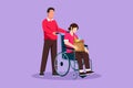 Cartoon flat style drawing young man supporting and caring disabled old woman on wheelchair. Volunteer helping female with