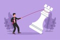 Cartoon flat style drawing young motivation businessman pulling big rook chess with rope. Business achievement goal, idea,