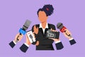 Cartoon flat style drawing young pretty woman giving an interview. Hands of journalists holds microphones. Concept of news,