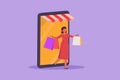 Cartoon flat style drawing young woman coming out of canopy smartphone screen holding shopping bags. Sale, digital lifestyle,
