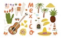 Cartoon flat style hand drawn postcard, poster, flyer or banner about Mexico with sombrero, nachos, taco, tequila, cactus, lama,