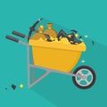 Wheelbarrow full of coins and soil. Cartoon flat style il