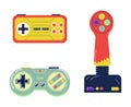 Cartoon flat style joysticks set. Video gaming equipment. Colorful gamepads. Digital play accessory, entertainment tools