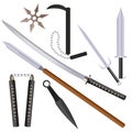 Cartoon flat style ninja weapons with shadows set: sword, sai, nunchaku and shurikens. vector illustration Royalty Free Stock Photo