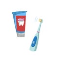 Cartoon flat style tooth care icons set. Tube with toothpaste tube and electric ultrasound toothbrush. Royalty Free Stock Photo