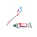 Cartoon flat style tooth care icons set. Tube with toothpaste and white toothbrush. Royalty Free Stock Photo