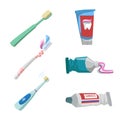 Cartoon flat style tooth care icons set. Tubes with toothpaste and different toothbrushes.