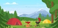 Cartoon flat tourist camp with picnic spot and tent among forest, mountain landscape view, sunny day. Summer camping