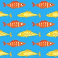 Cartoon flat tropical sea fish seamless pattern background vector texture. Colorful yellow and orange sealife underwater