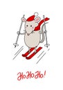 Funny mouse skiing on snow in red hat and scarf. Happy Holidays vector cartoon illustration greetings card