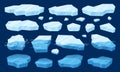 Cartoon floating ice, frozen arctic blocks of ice. Glaciers and icebergs pieces, blue ice crystals floating in water vector Royalty Free Stock Photo