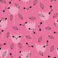 Cartoon floral seamless pattern. Silhouettes of abstract flowers and lines drawn by leaves.