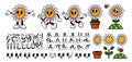 Cartoon flower character. Daisy retro constructor. Smiley flower face, funny walking mascot chamomile with bee, plant in