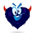 Cartoon fluffy monster with red devil horns. Crazy blue heart shaped character with big eyes. Halloween concept. Vector Royalty Free Stock Photo