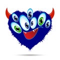 Cartoon fluffy monster with red devil horns. A crazy character in the shape of a blue heart with big and different eyes. Halloween