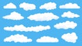 Cartoon fluffy white clouds on summer blue sky. Cloudy weather comics elements. Simple flat abstract cloud shape for