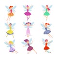 Cartoon flying fairies in colorful dresses vector set. Cute fairy elf with winds vector collection Royalty Free Stock Photo