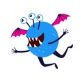 Cartoon flying funny smiling blue monster isolated on white. Fantasy creature.