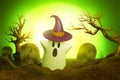 Cartoon flying funny white ghost sheet with witch hat on graveyard cemetery with full moon 3d illustrations